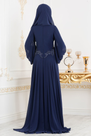 Bleu Marin - Tesettürlü Abiye Elbise - Robe de Soirée Hijab 46620L - Thumbnail