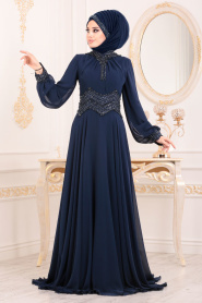 Bleu Marin-Tesettürlü Abiye Elbise - Robe de Soirée Hijab 4678L - Thumbnail