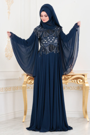 Bleu Marin - Tesettürlü Abiye Elbise - Robe de Soirée Hijab 46790L - Thumbnail