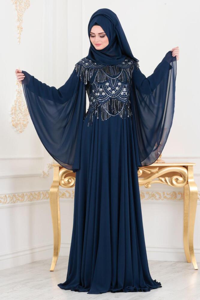 Bleu Marin - Tesettürlü Abiye Elbise - Robe de Soirée Hijab 46790L - 1