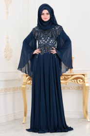 Bleu Marin - Tesettürlü Abiye Elbise - Robe de Soirée Hijab 46790L - Thumbnail