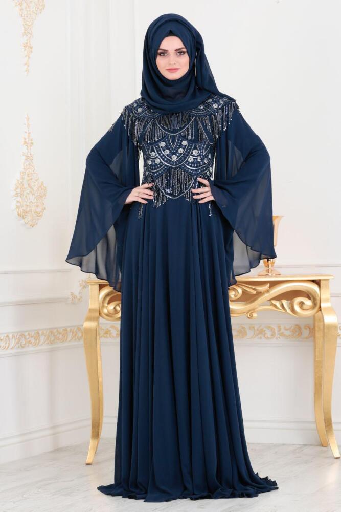 Bleu Marin - Tesettürlü Abiye Elbise - Robe de Soirée Hijab 46790L - 2