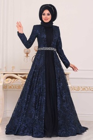 Bleu Marin - Tesettürlü Abiye Elbise - Robe de Soirée Hijab - 47050L - Thumbnail
