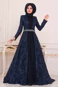 Bleu Marin - Tesettürlü Abiye Elbise - Robe de Soirée Hijab - 47050L - Thumbnail