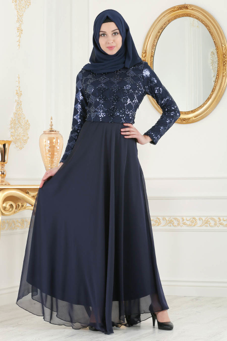 Bleu Marin - Tesettürlü Abiye Elbise - Robe de Soirée Hijab 79440L