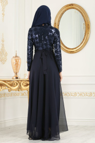 Bleu Marin - Tesettürlü Abiye Elbise - Robe de Soirée Hijab 79440L - Thumbnail