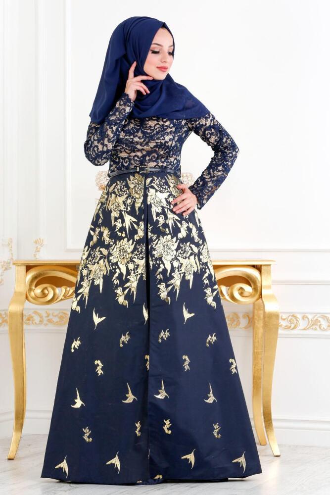 Bleu Marin - Tesettürlü Abiye Elbise - Robe de Soirée Hijab 82443L - 1