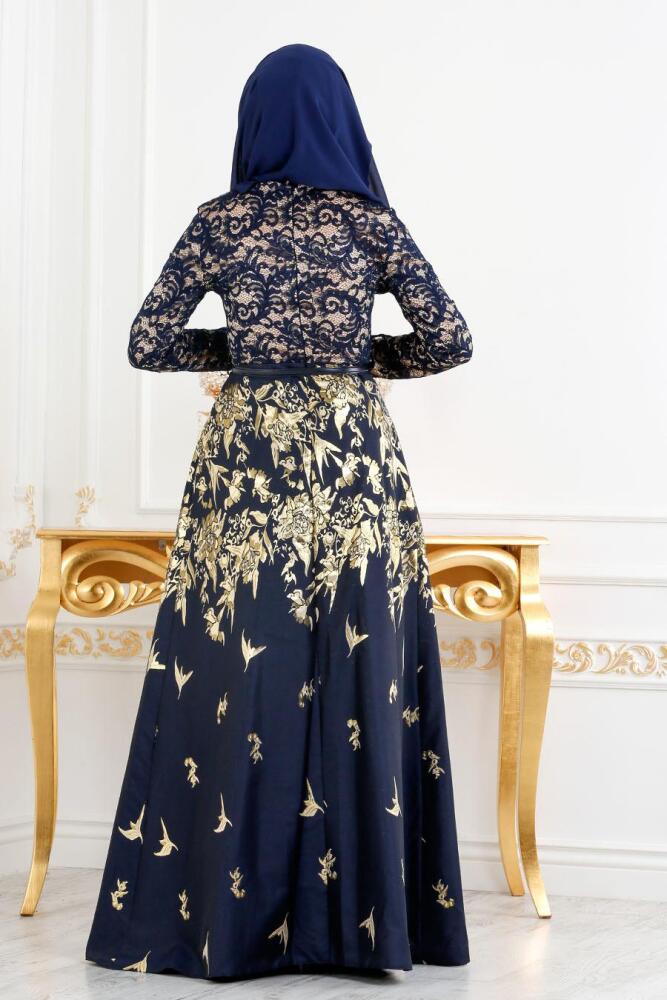 Bleu Marin - Tesettürlü Abiye Elbise - Robe de Soirée Hijab 82443L - 2