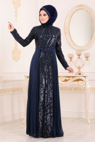 Bleu Marin-Tesettürlü Abiye Elbise - Robe de Soirée Hijab 83840L - Thumbnail