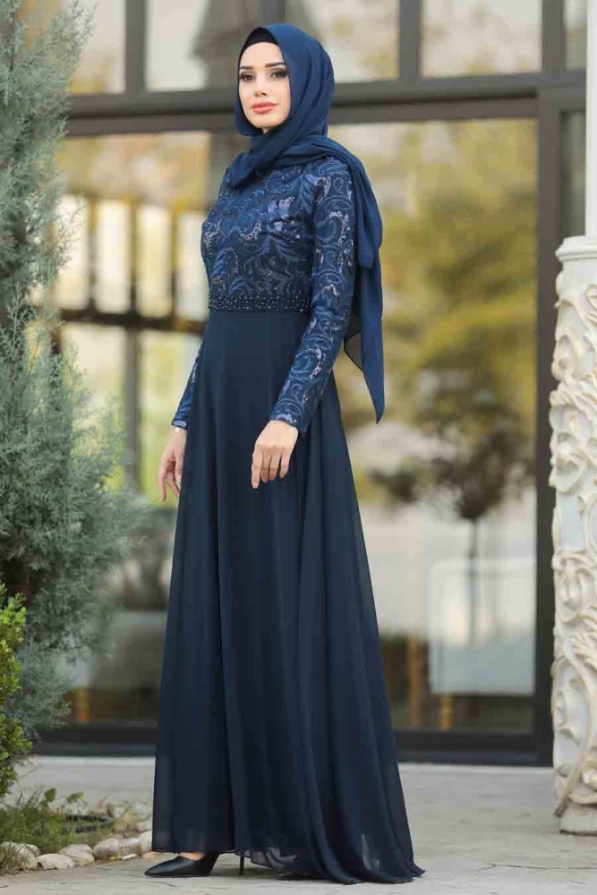 Bleu Marin-Tesettürlü Abiye Elbise - Robe de Soirée Hijab 8462L - 1