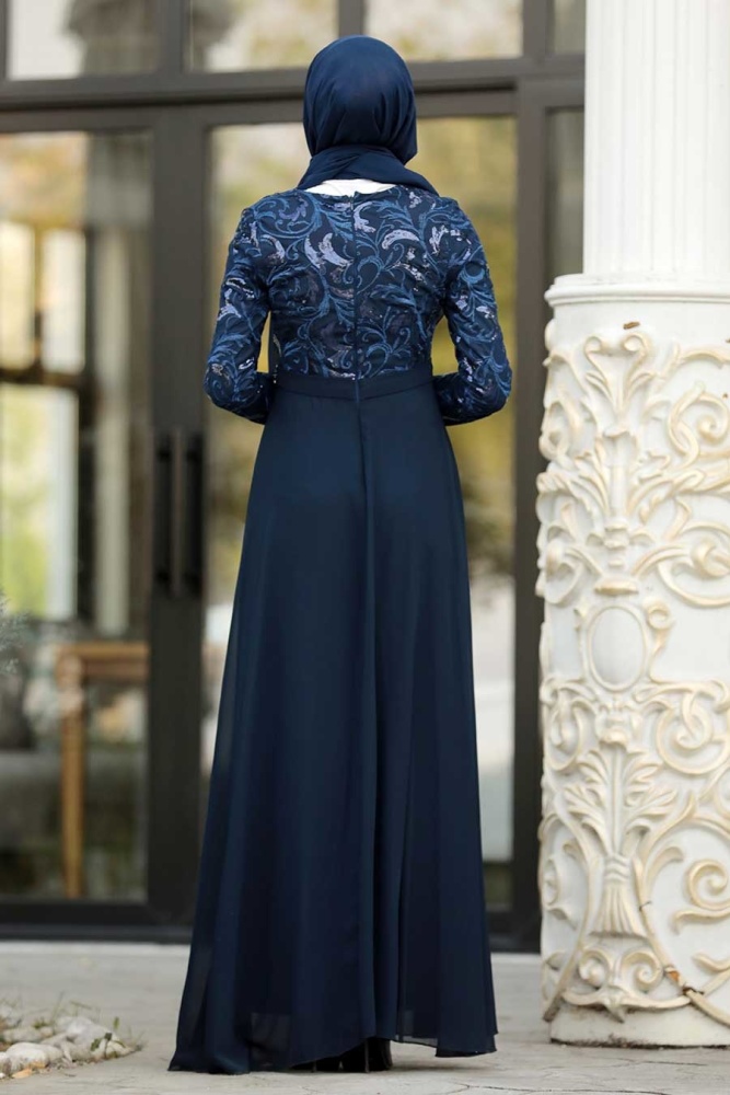 Bleu Marin-Tesettürlü Abiye Elbise - Robe de Soirée Hijab 8462L - 2