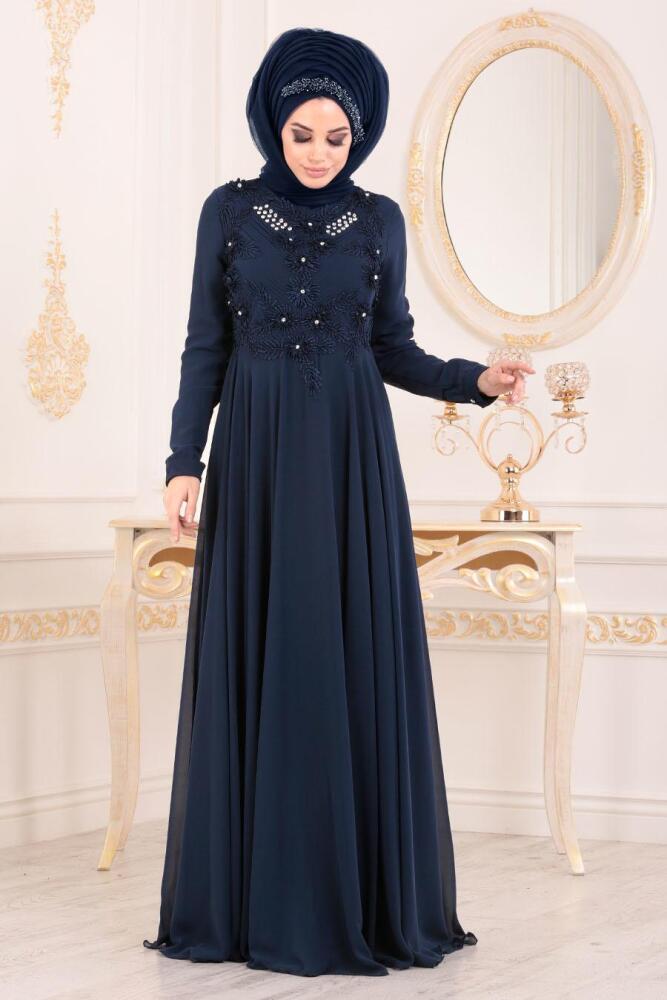 Bleu Marin-Tesettürlü Abiye Elbise - Robe de Soirée Hijab 84701L - 1