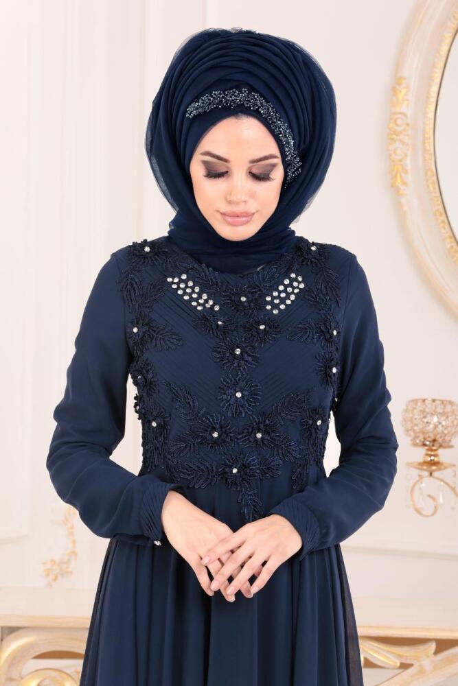 Bleu Marin-Tesettürlü Abiye Elbise - Robe de Soirée Hijab 84701L - 2