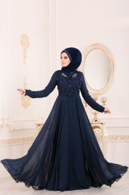 Bleu Marin-Tesettürlü Abiye Elbise - Robe de Soirée Hijab 84701L - Thumbnail