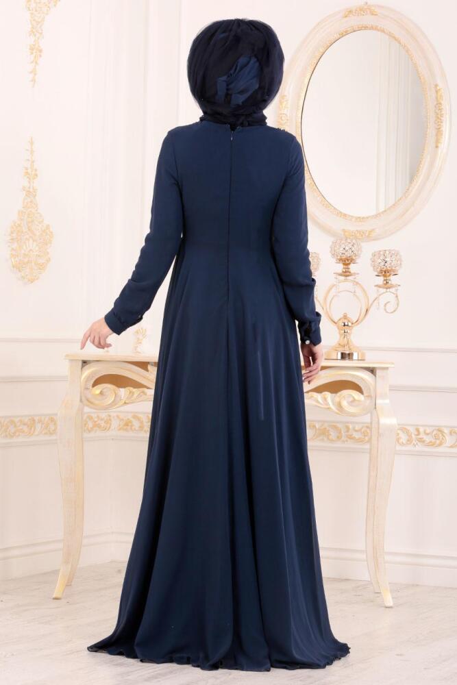 Bleu Marin-Tesettürlü Abiye Elbise - Robe de Soirée Hijab 84701L - 4