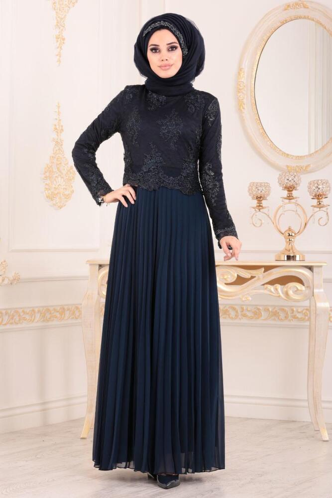 Bleu Marin-Tesettürlü Abiye Elbise - Robe de Soirée Hijab 8504L - 1