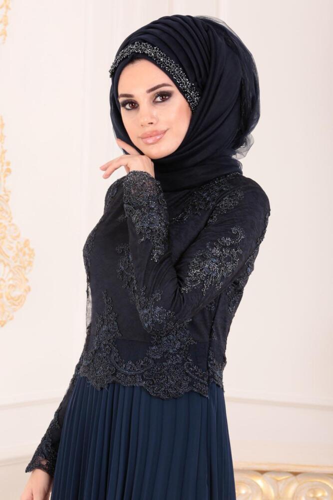 Bleu Marin-Tesettürlü Abiye Elbise - Robe de Soirée Hijab 8504L - 2