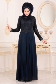 Bleu Marin-Tesettürlü Abiye Elbise - Robe de Soirée Hijab 8504L - Thumbnail