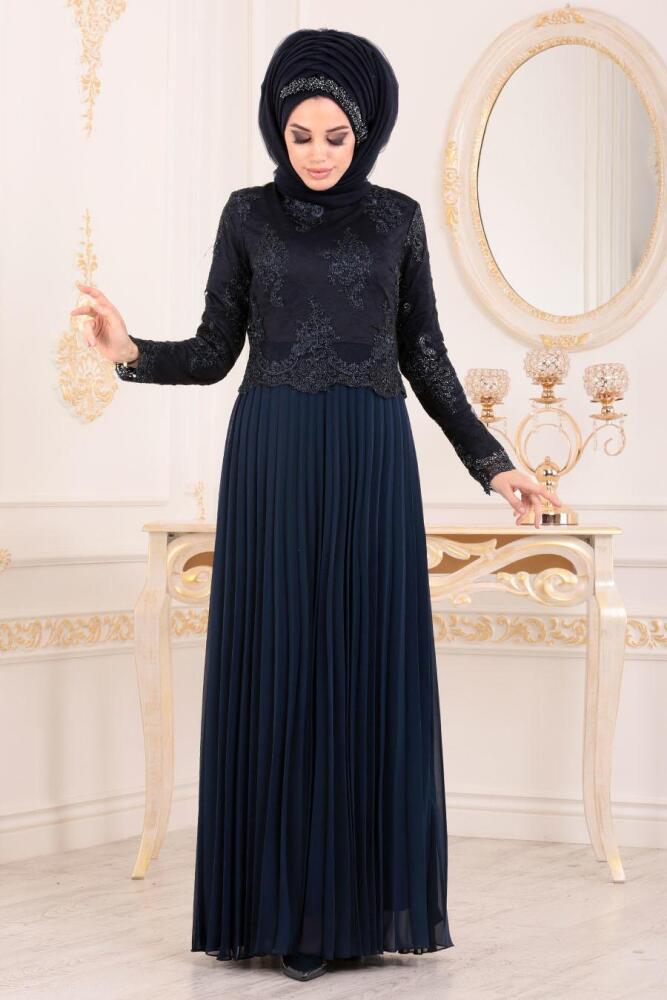 Bleu Marin-Tesettürlü Abiye Elbise - Robe de Soirée Hijab 8504L - 3