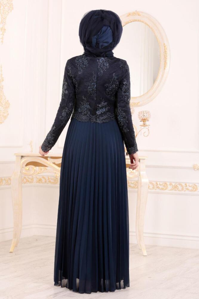 Bleu Marin-Tesettürlü Abiye Elbise - Robe de Soirée Hijab 8504L - 4