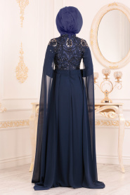 Bleu Marin - Tesettürlü Abiye Elbise - Robe de Soirée Hijab 85130L - Thumbnail