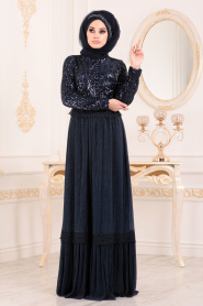 Bleu Marin-Tesettürlü Abiye Elbise - Robe de Soirée Hijab 8532L - Thumbnail