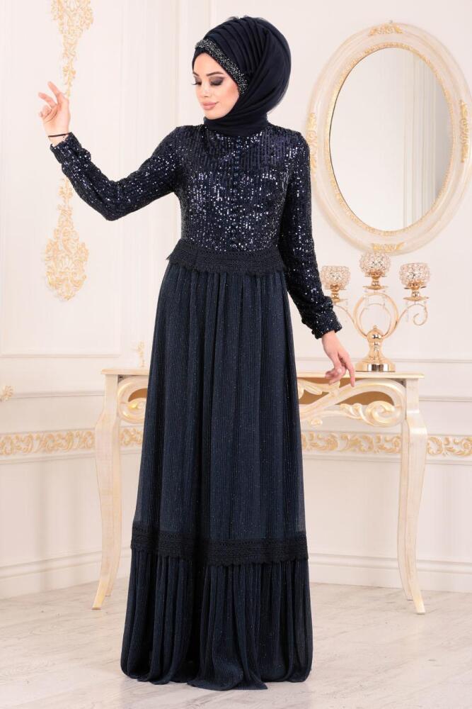 Bleu Marin-Tesettürlü Abiye Elbise - Robe de Soirée Hijab 8532L - 3