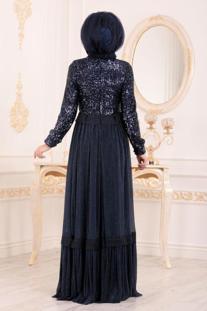 Bleu Marin-Tesettürlü Abiye Elbise - Robe de Soirée Hijab 8532L - 4
