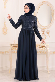 Bleu Marin-Tesettürlü Abiye Elbise - Robe de Soirée Hijab 8545L - Thumbnail