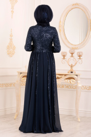 Bleu Marin-Tesettürlü Abiye Elbise - Robe de Soirée Hijab 8545L - Thumbnail