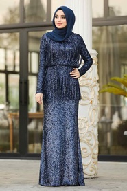 Bleu Marin - Tesettürlü Abiye Elbise - Robe de Soirée Hijab - 8551L - Thumbnail
