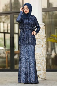 Bleu Marin - Tesettürlü Abiye Elbise - Robe de Soirée Hijab - 8551L - Thumbnail