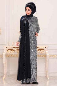 Bleu Marin - Tesettürlü Abiye Elbise - Robe de Soirée Hijab - 86150L - Thumbnail
