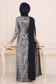 Bleu Marin - Tesettürlü Abiye Elbise - Robe de Soirée Hijab - 86150L - Thumbnail