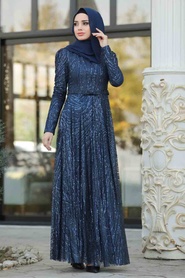 Bleu Marin - Tesettürlü Abiye Elbise - Robe de Soirée Hijab - 8665L - Thumbnail