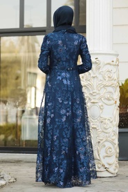 Bleu Marin - Tesettürlü Abiye Elbise - Robe de Soirée Hijab - 8681L - Thumbnail
