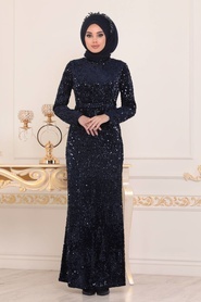 Bleu Marin - Tesettürlü Abiye Elbise - Robe de Soirée Hijab - 8727L - Thumbnail