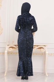 Bleu Marin - Tesettürlü Abiye Elbise - Robe de Soirée Hijab - 8742L - Thumbnail