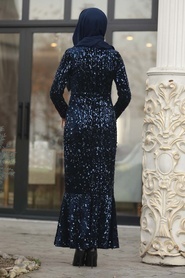 Bleu Marin - Tesettürlü Abiye Elbise - Robe de Soirée Hijab - 87760L - Thumbnail
