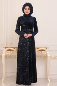Bleu Marin - Tesettürlü Abiye Elbise - Robe en velours hijab - 8738L - Thumbnail