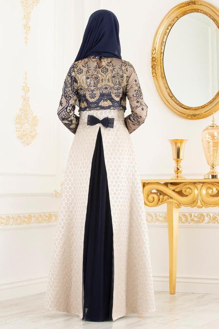 Bleu Marin - Tesettürlü Abiye Elbise - Robes de Soirée 31001L - 2