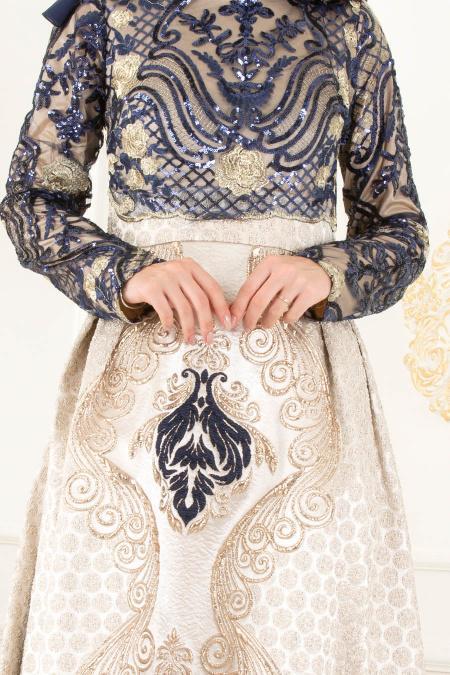Bleu Marin - Tesettürlü Abiye Elbise - Robes de Soirée 31001L - 3