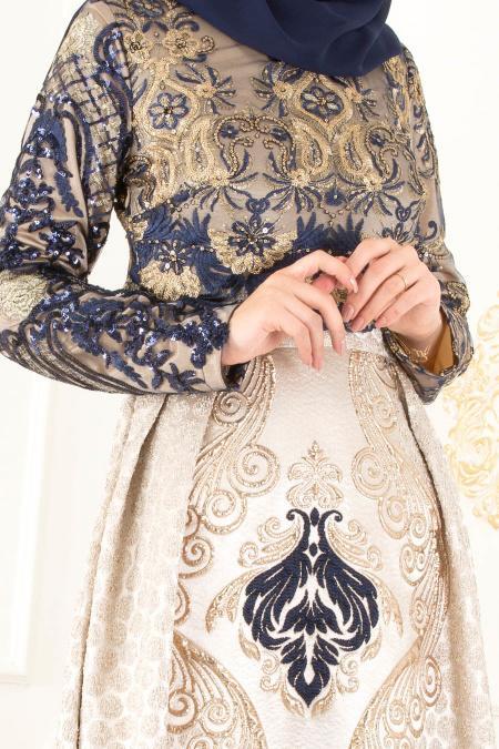 Bleu Marin - Tesettürlü Abiye Elbise - Robes de Soirée 31002L - 2
