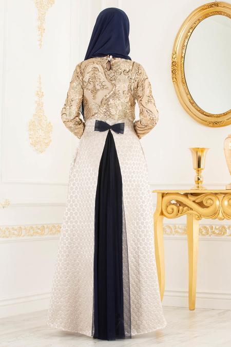 Bleu Marin - Tesettürlü Abiye Elbise - Robes de Soirée 31002L - 3