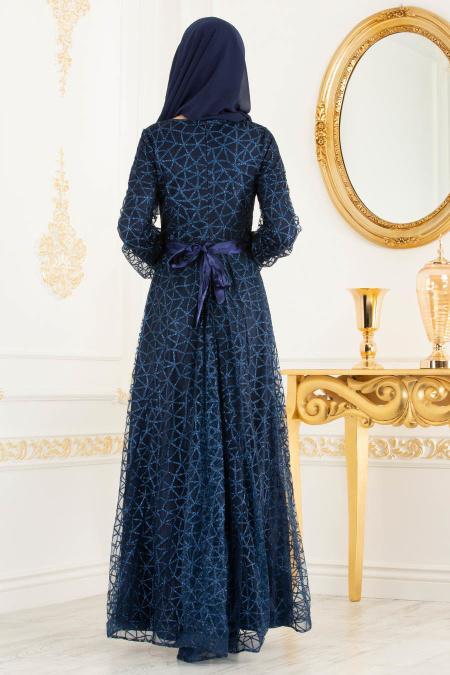 Bleu Marin - Tesettürlü Abiye Elbise - Robes de Soirée 31481L - 2
