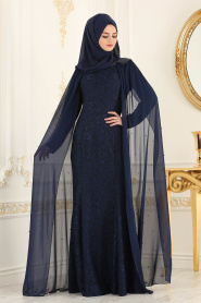 Bleu Marin - Tesettürlü Abiye Elbise - Robes de Soirée 3281L - Thumbnail