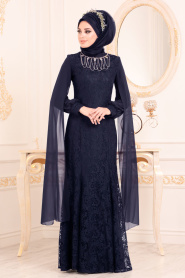 Bleu Marin- Tesettürlü Abiye Elbise - Robes de Soirée 40180L - Thumbnail