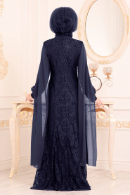 Bleu Marin- Tesettürlü Abiye Elbise - Robes de Soirée 40180L - Thumbnail
