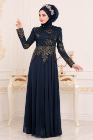 Bleu Marin- Tesettürlü Abiye Elbise - Robes de Soirée 7601L - Thumbnail