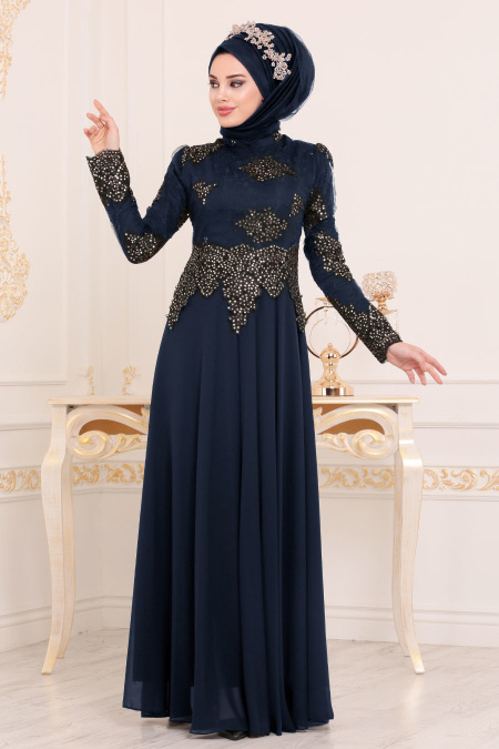 Bleu Marin- Tesettürlü Abiye Elbise - Robes de Soirée 7601L